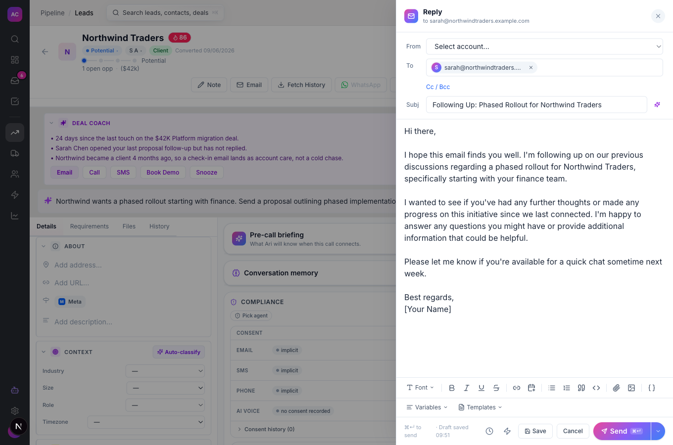 The email composer opened from Deal Coach with an AI-written subject and body