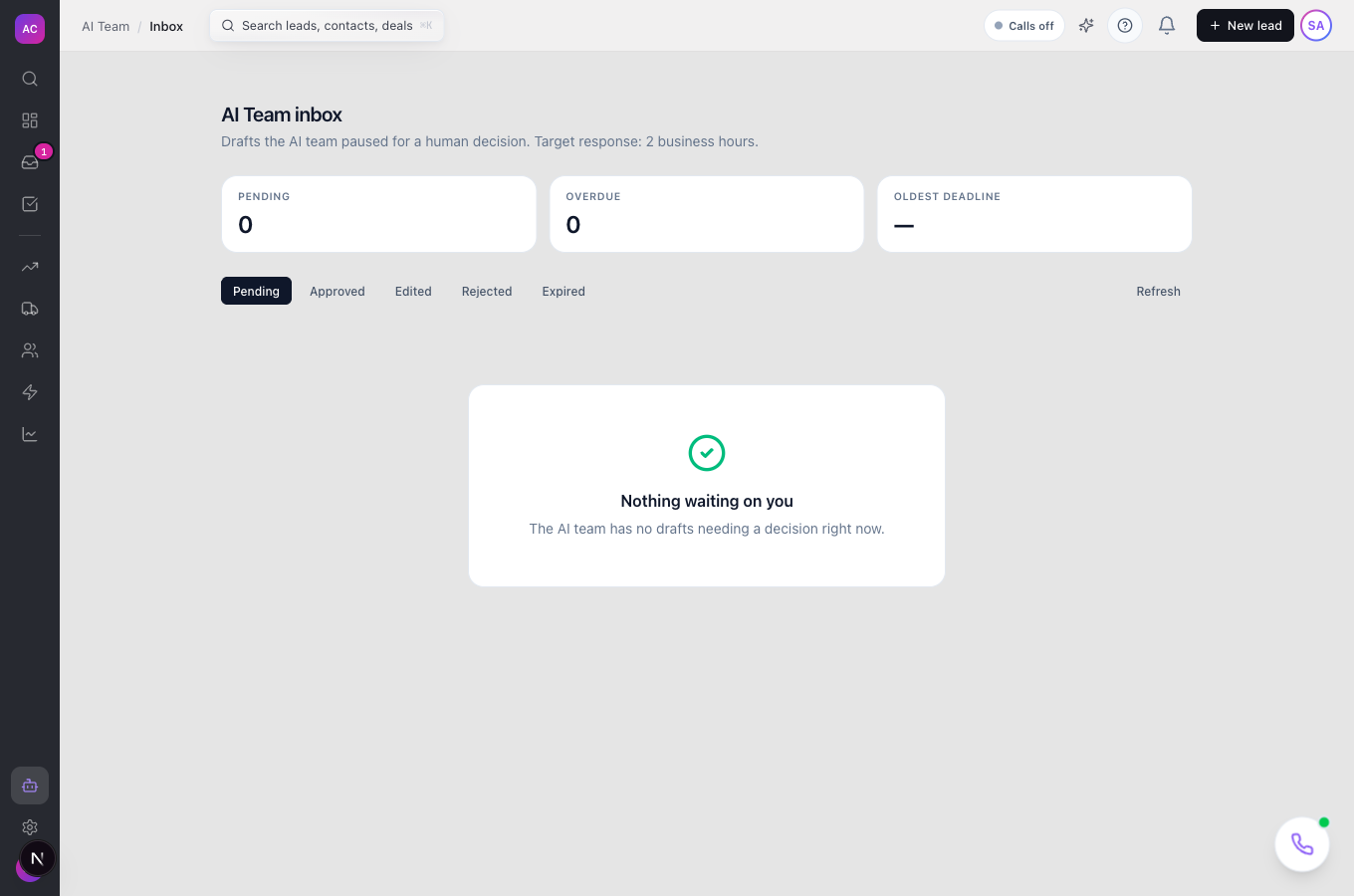 The AI Team inbox with its Pending, Overdue and Oldest deadline counters and the status tabs