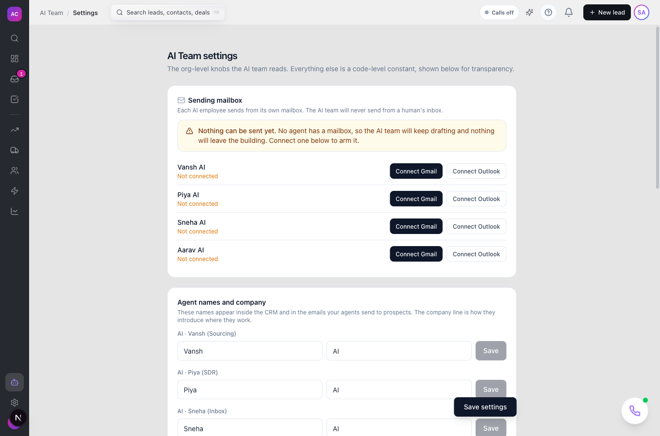 AI Team settings showing the mailbox section and the Agent names and company panel