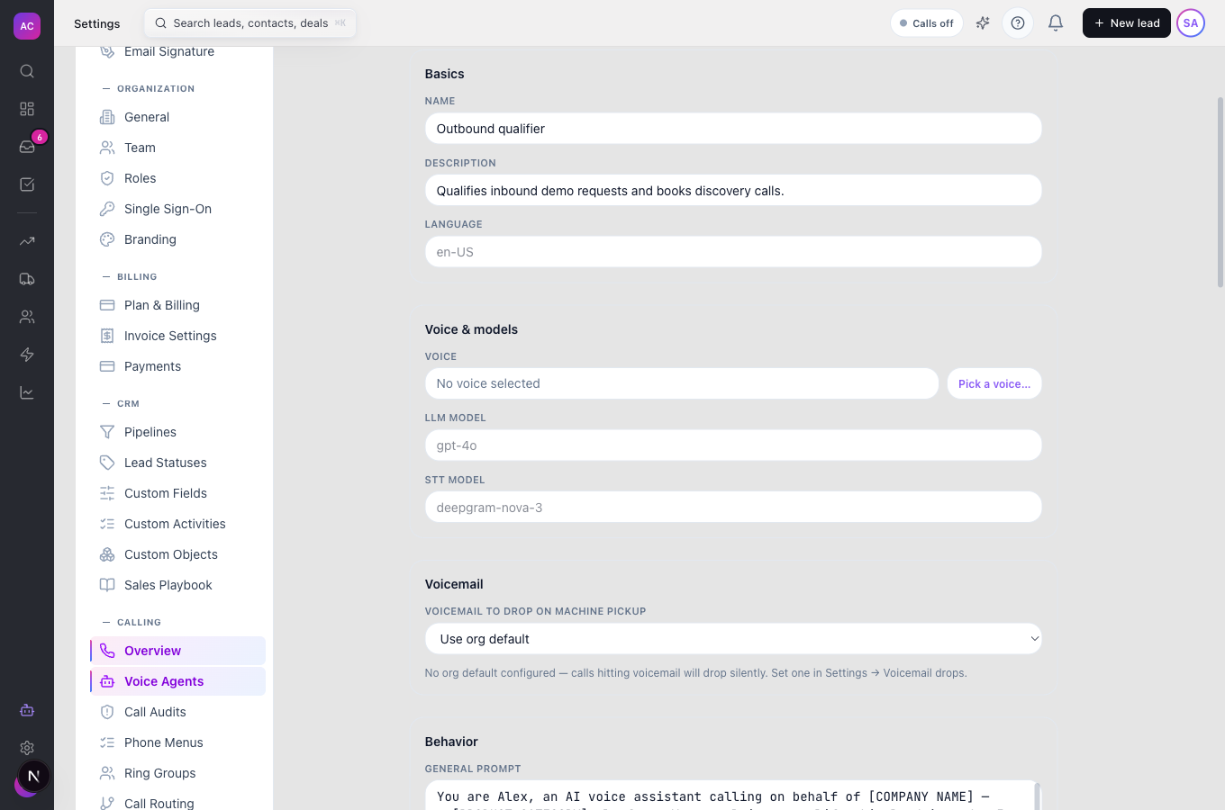 The New voice agent editor showing the Basics section (Name, Description, Language), Voice & models, Voicemail and the start of Behavior