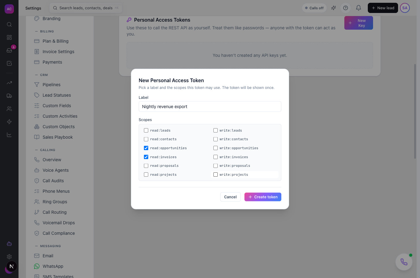 The New Personal Access Token dialog with the Label field and the Scopes checklist