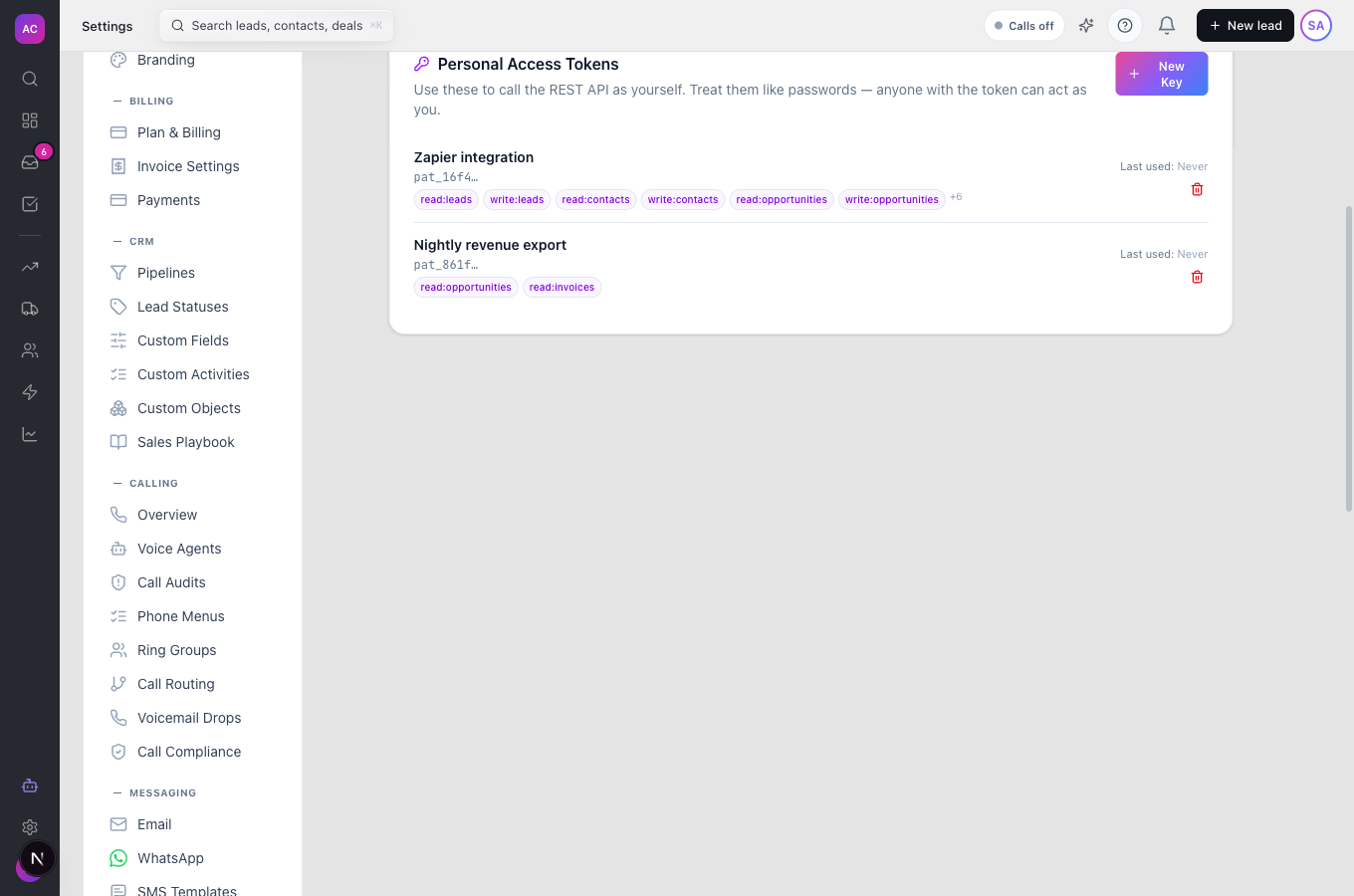 The Personal Access Tokens section with two tokens showing label, prefix, scopes and last used, and the New Key button