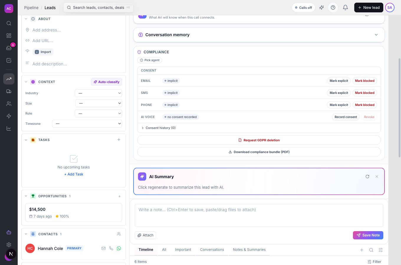A lead’s Compliance panel with the per-channel consent rows and the compliance bundle button