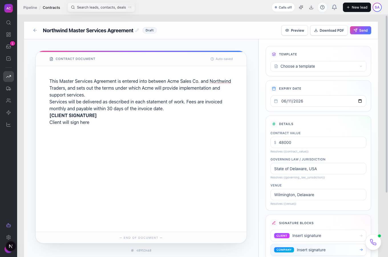 The contract editor for Northwind Traders with the body, expiry date, contract details and signature blocks