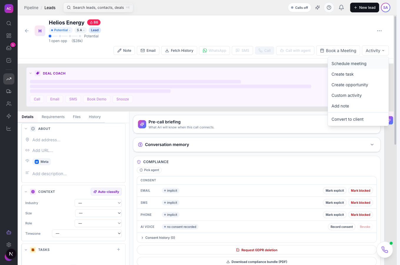 The Helios Energy lead page with the Activity menu open, showing the Custom activity option