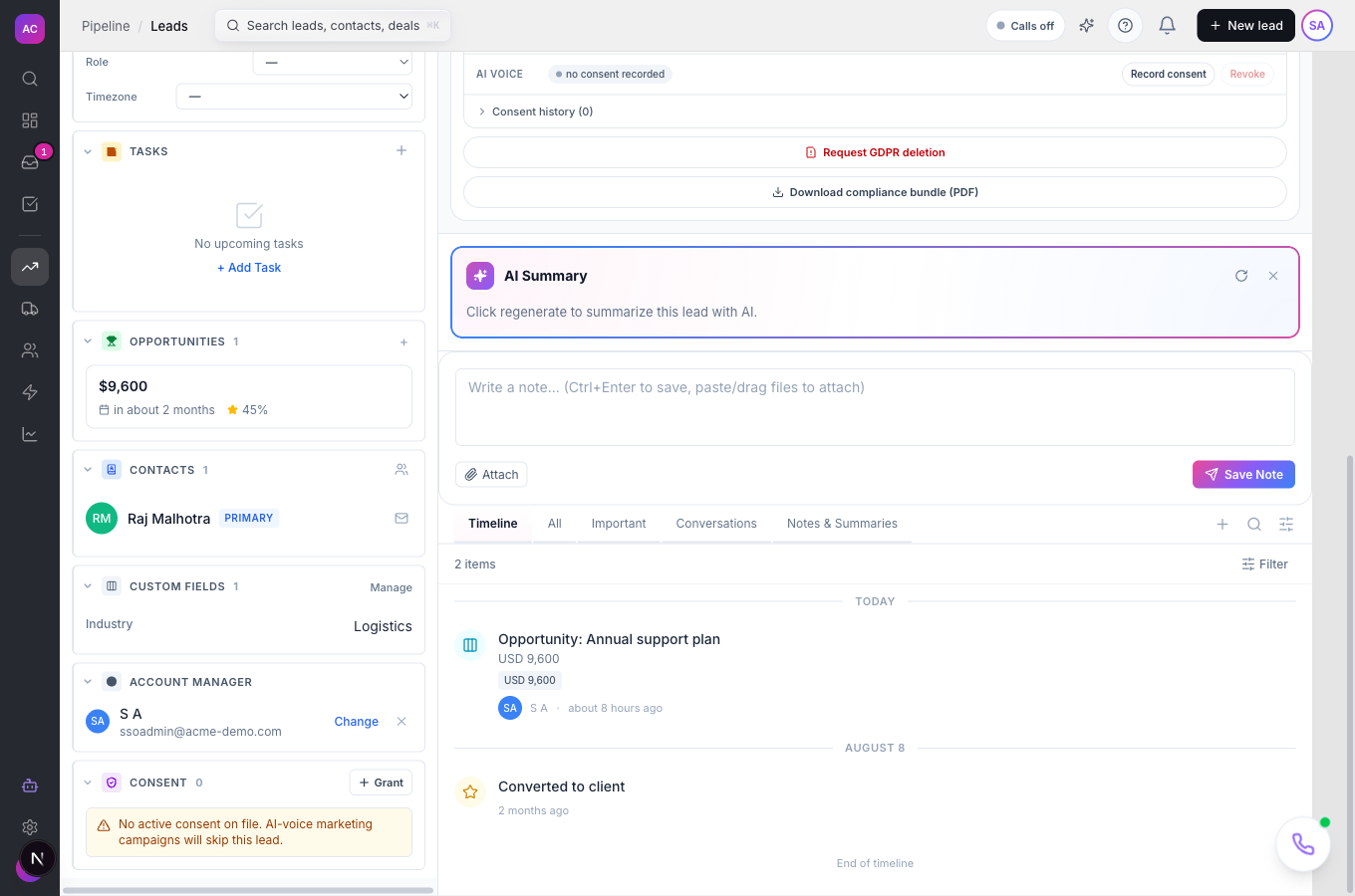 The Custom Fields section on the Summit Logistics lead page with Industry set to Logistics