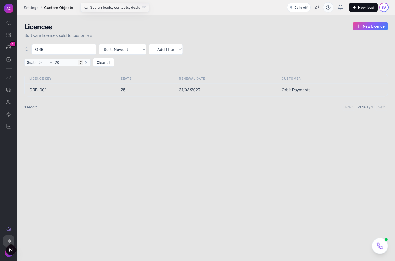 The Licences list page with a filter on Seats and the search box filled in