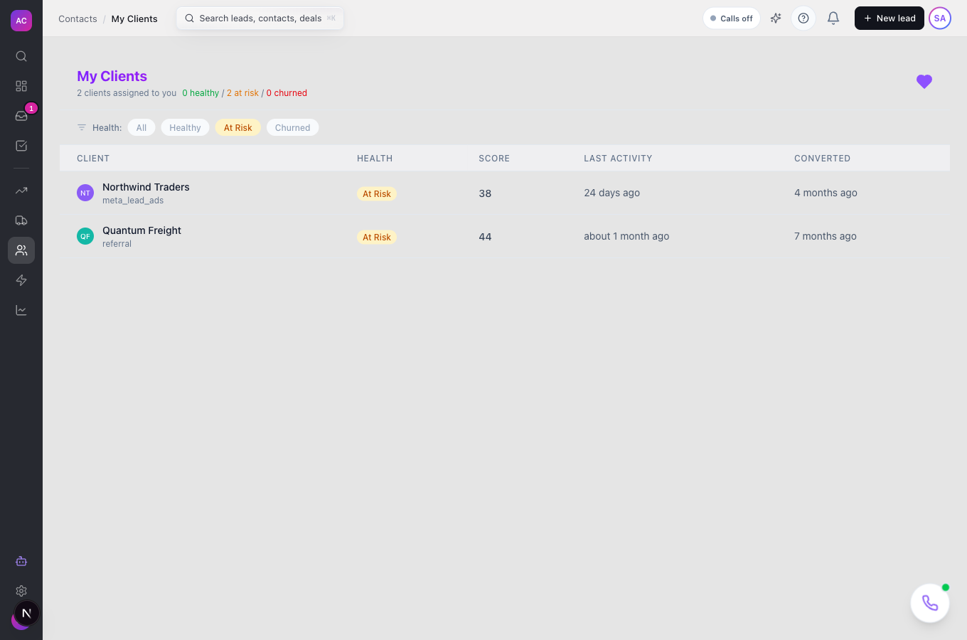 The My Clients page with the At Risk health filter selected and the Health and Score columns visible