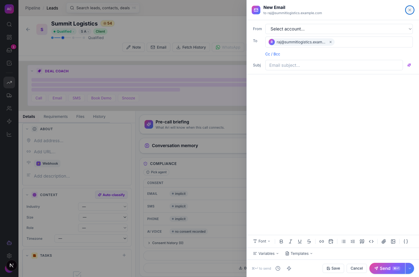 The email composer on a lead with From, To, subject and the formatting toolbar