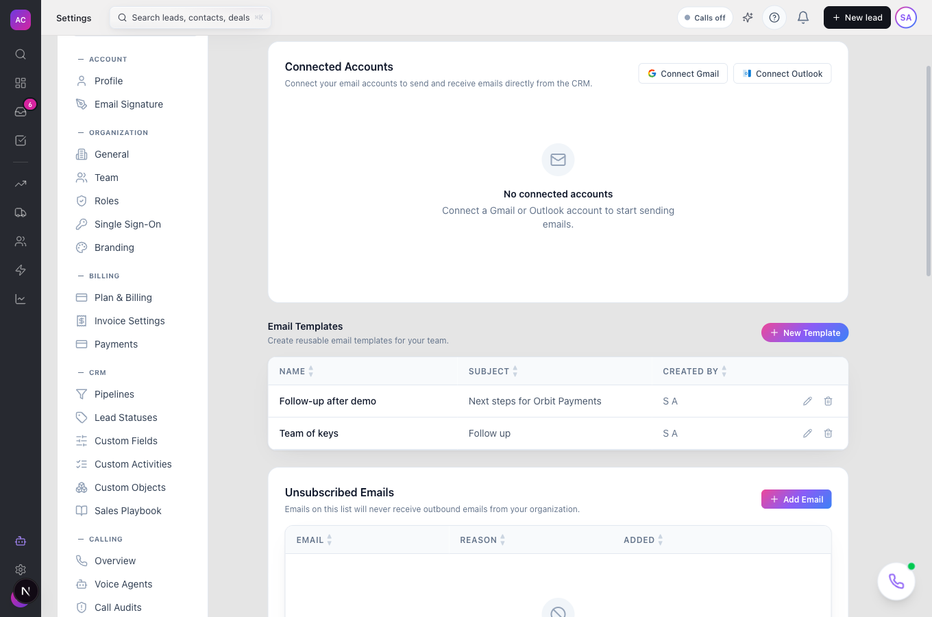 The Email Templates section of Settings → Email with two templates listed by Name, Subject and Created By