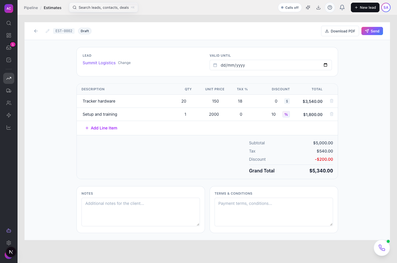 The estimate editor for Summit Logistics with line items, tax, discount and the grand total