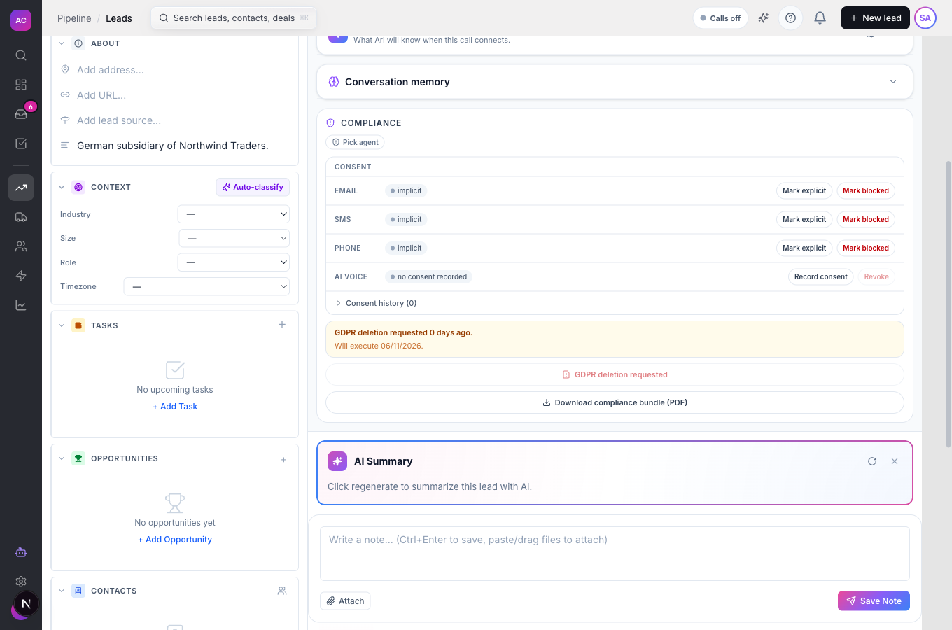 The Compliance panel on the Northwind Traders GmbH lead with the callout GDPR deletion requested 0 days ago. Will execute 06/11/2026. and the greyed GDPR deletion requested button