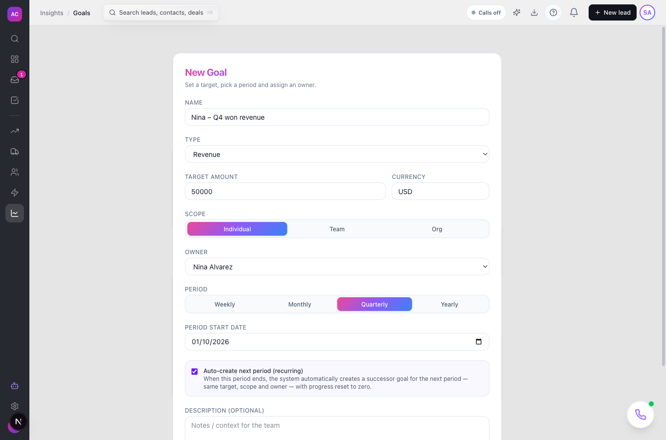 The New Goal form with every field filled for Nina Alvarez’s quarterly revenue goal and the recurring box ticked
