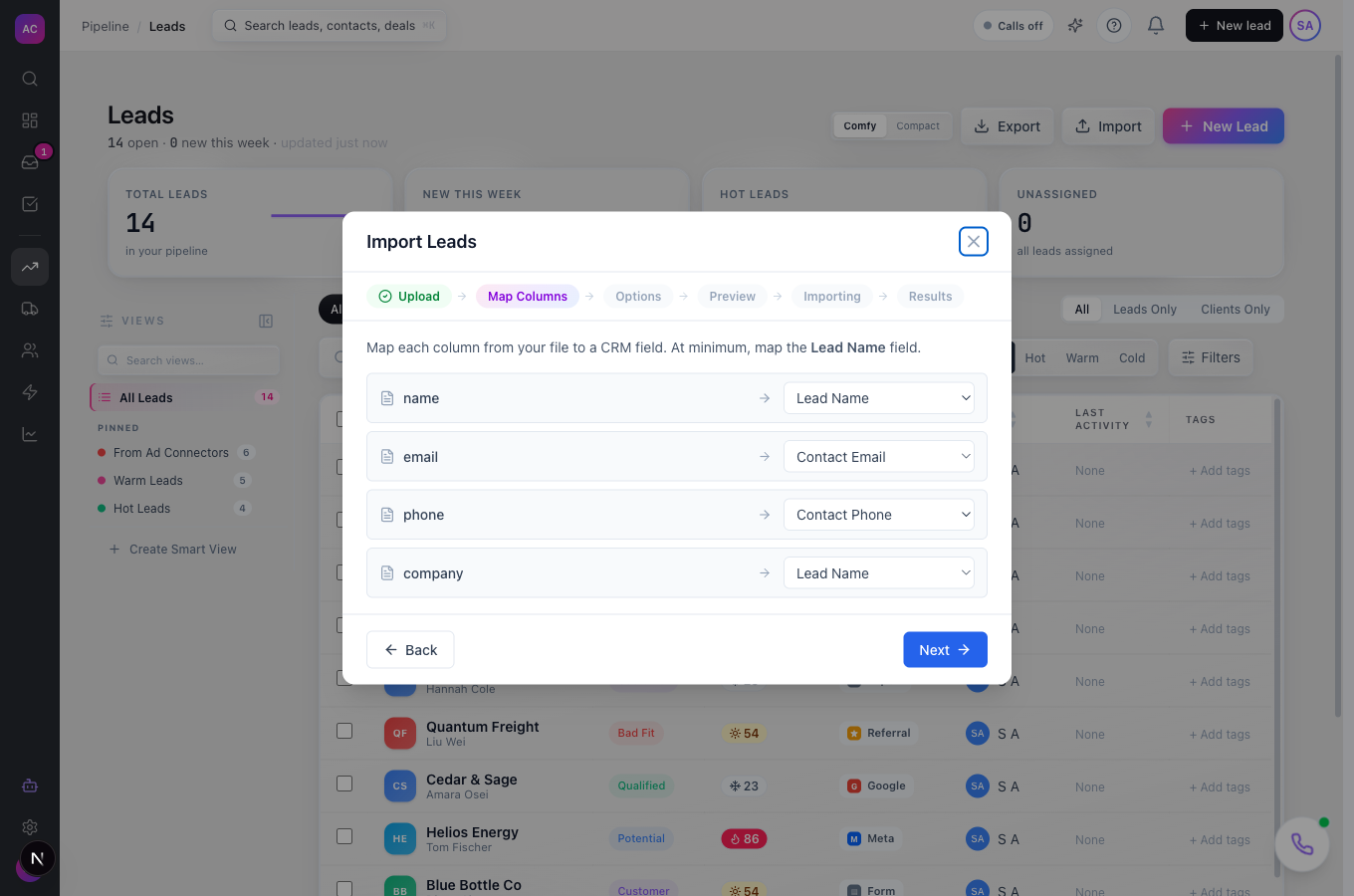 The import wizard mapping step with columns matched to CRM fields