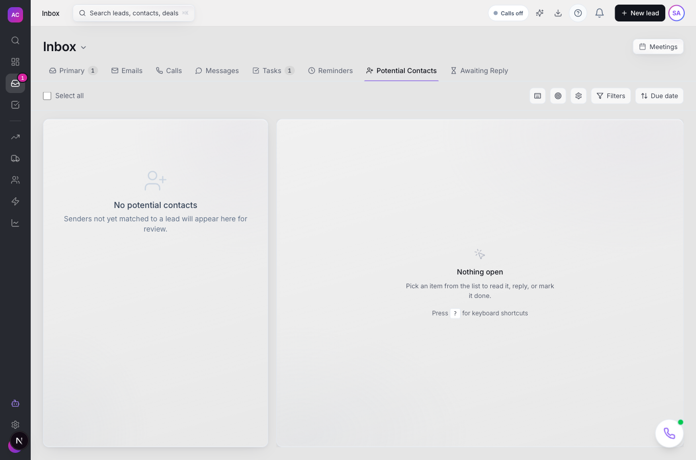 The Inbox Potential Contacts tab, where unmatched senders wait for review