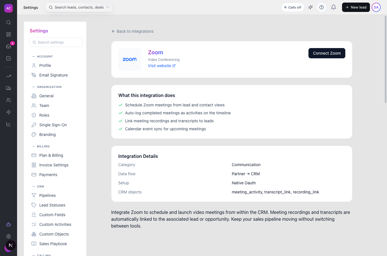 An integration’s page with its connect button, What this integration does and the Integration Details panel