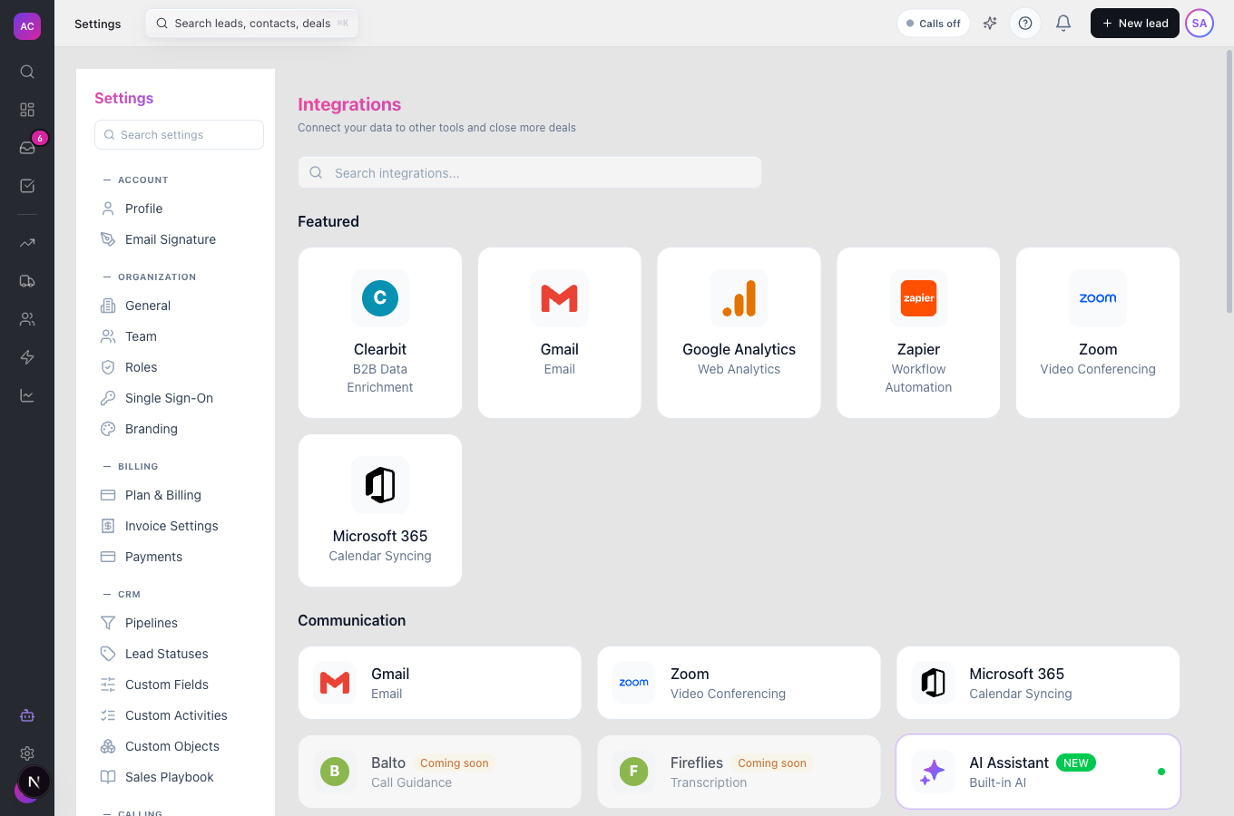 The Integrations page with the Search integrations box, the Featured row (Clearbit, Gmail, Google Analytics, Zapier, Zoom, Microsoft 365) and the Communication section, where the AI Assistant card shows a green connected dot