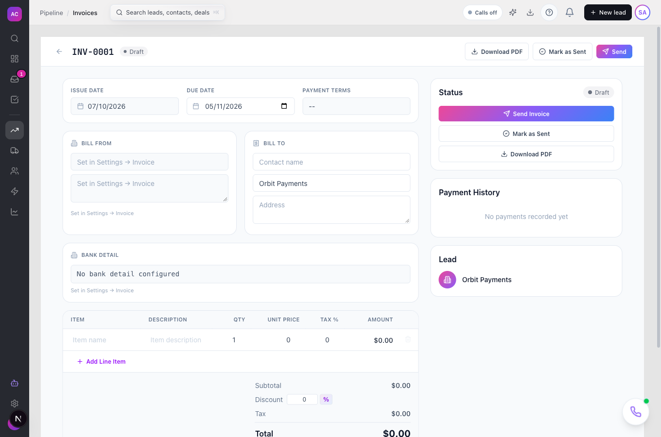 The invoice editor on a new draft with bill from, bill to, line items and totals