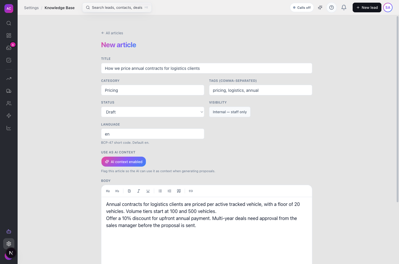 The New article editor with Title, Category, Tags, Status (Draft), the Internal — staff only visibility toggle, Language, AI context enabled and the Body toolbar and text