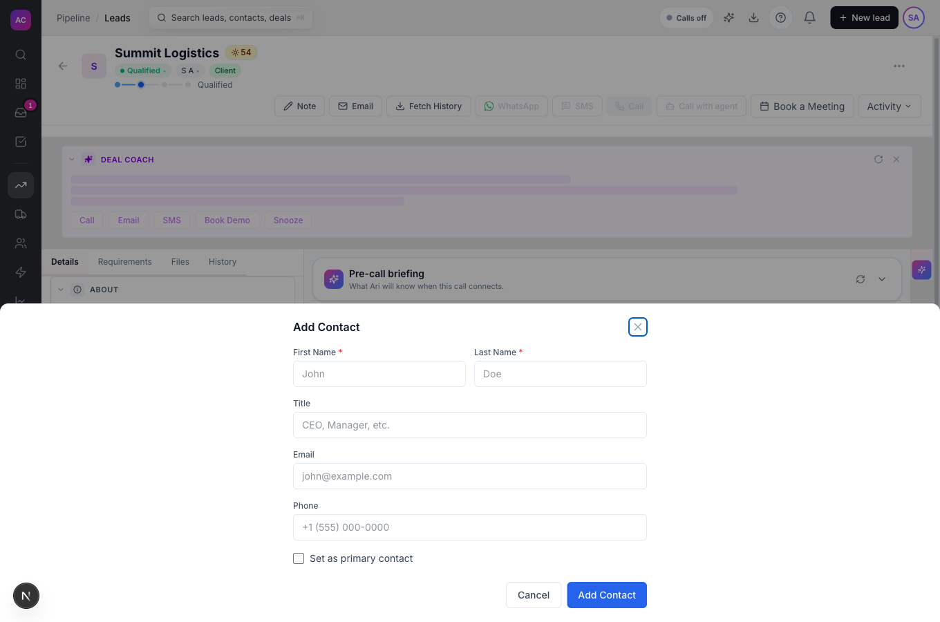 The Add Contact panel on a lead with first name, last name, title, email and phone fields