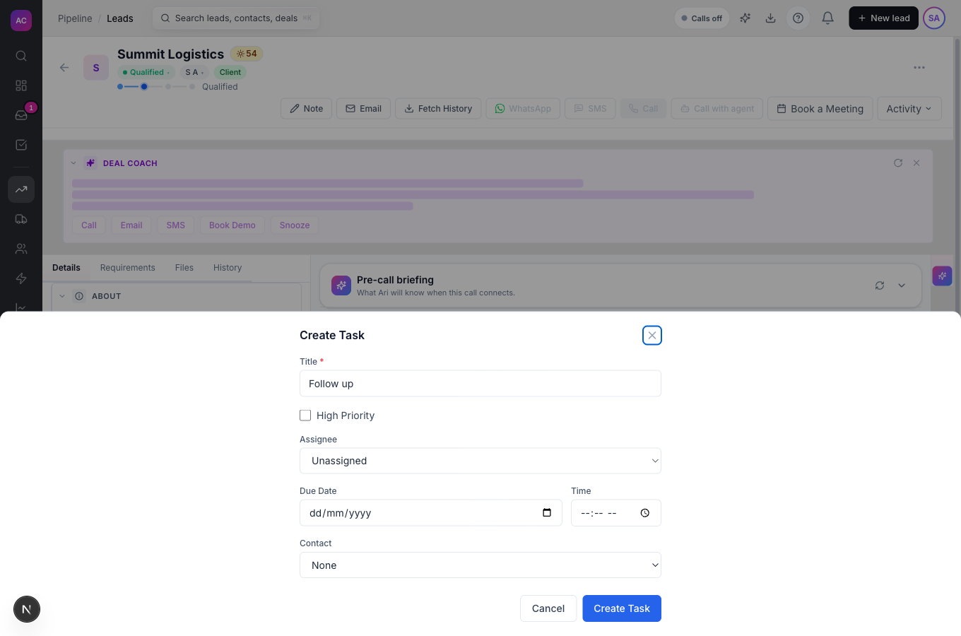 The Create Task panel on a lead, with title, priority, assignee, date and contact fields
