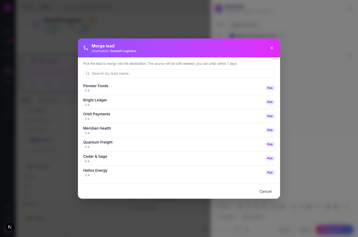 The Merge lead dialog listing the leads you can pick as the source
