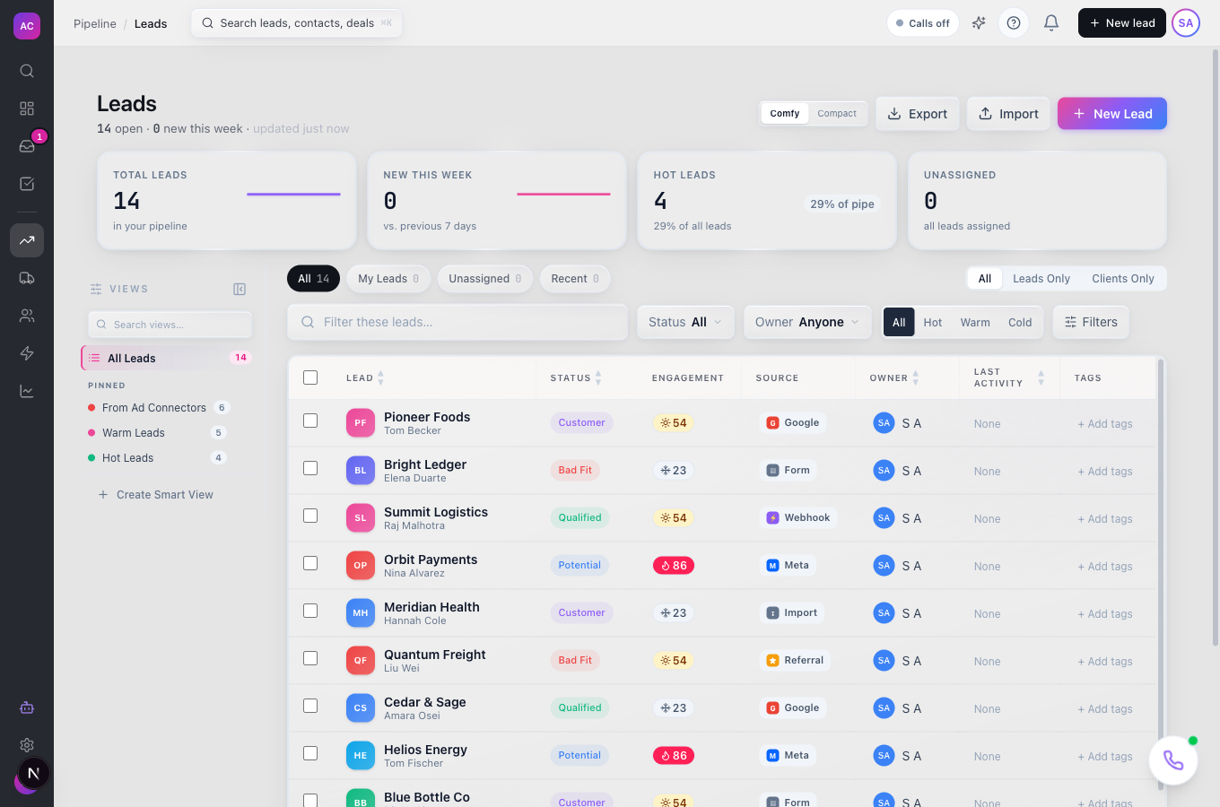 The Leads list with KPI tiles, quick tabs, the filter bar and the table