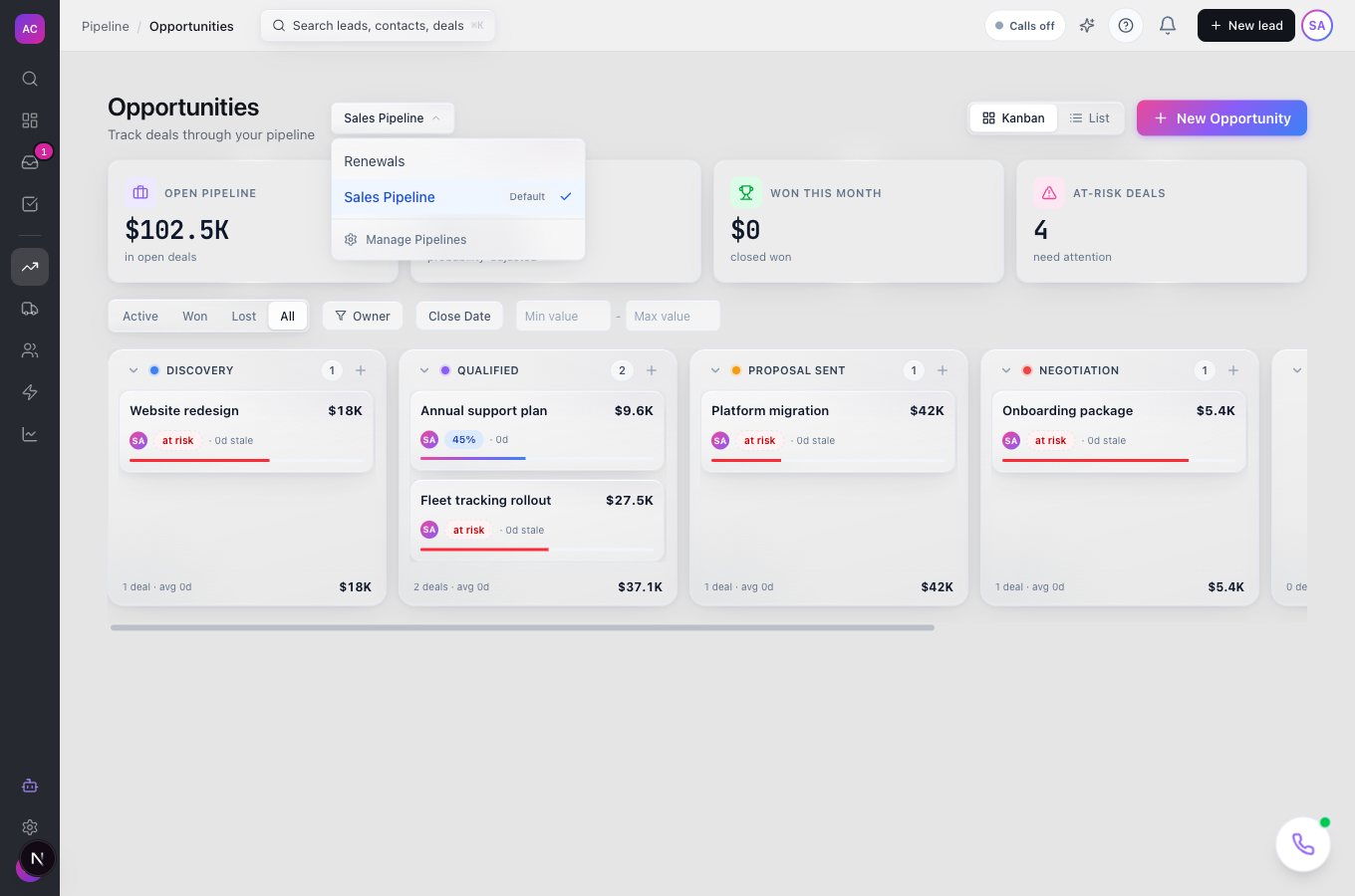 The open pipeline dropdown on the Opportunities page listing Renewals and Sales Pipeline (Default) with a Manage Pipelines link at the bottom