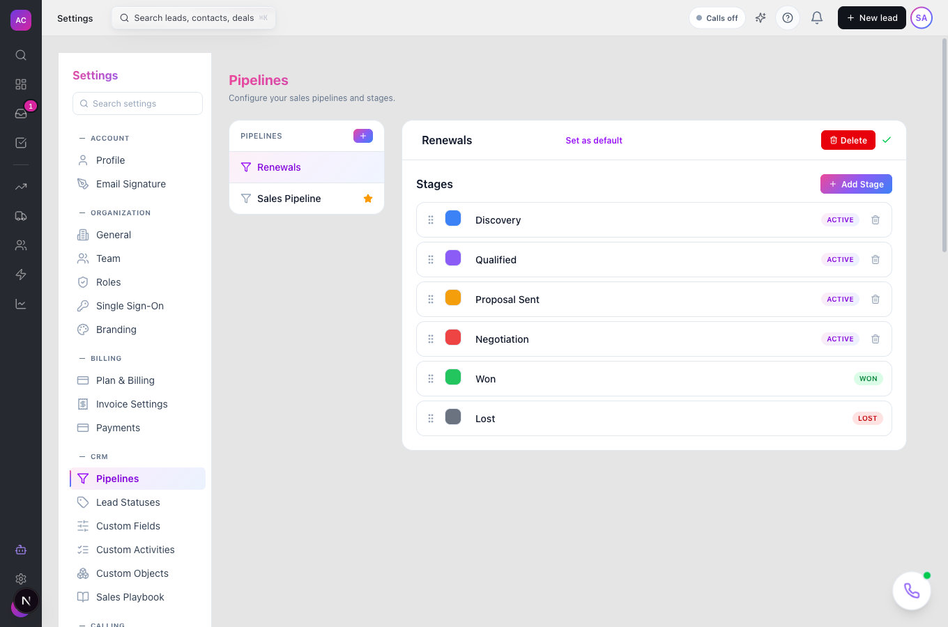 The Pipelines settings page with two pipelines on the left, Renewals and the default Sales Pipeline marked with a star, and the Renewals name, Set as default button and its stages on the right