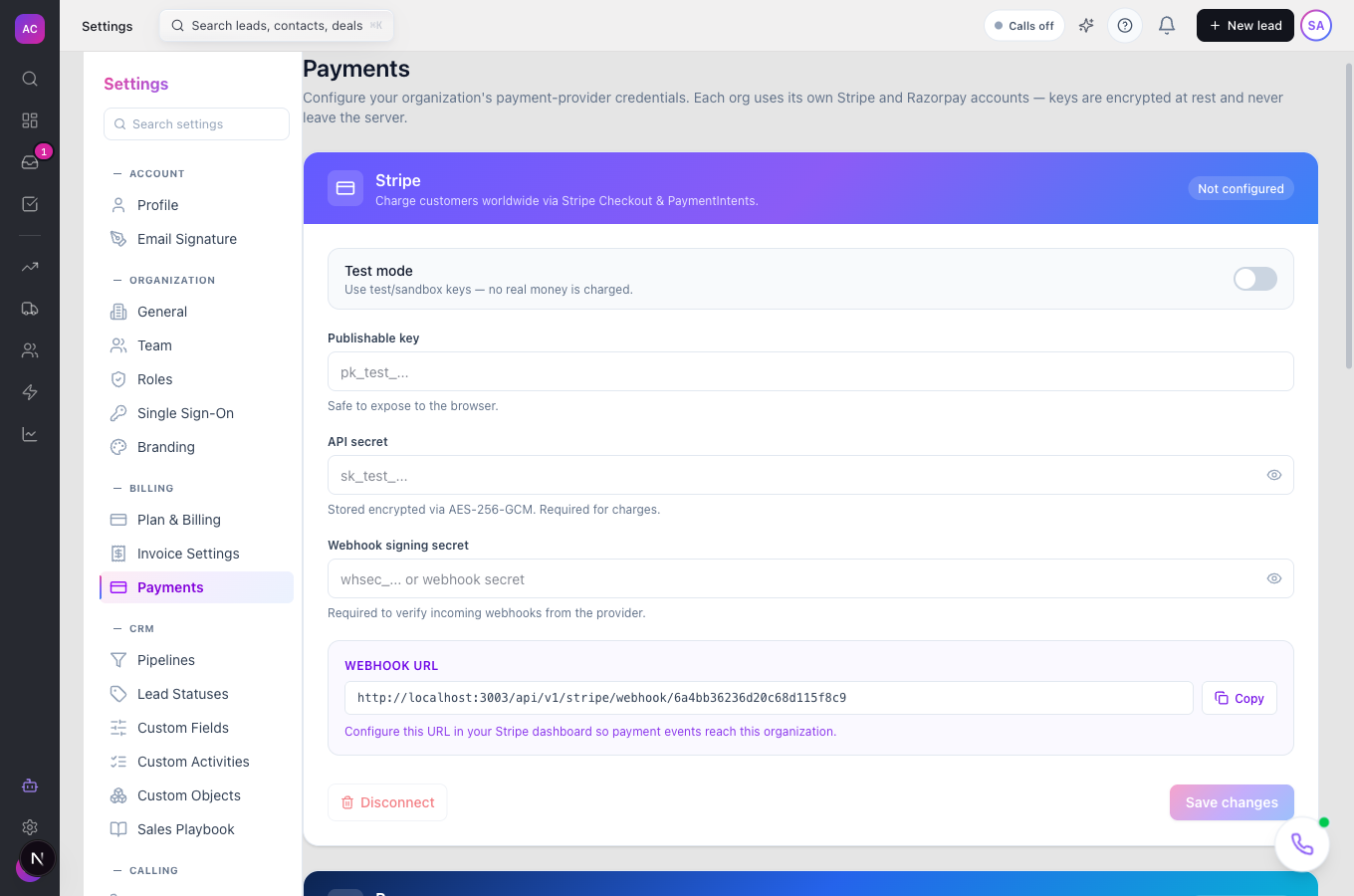 The Payments settings page with the Stripe card in Test mode, not configured yet, showing the Publishable key, API secret and Webhook signing secret fields and the Webhook URL with its Copy button