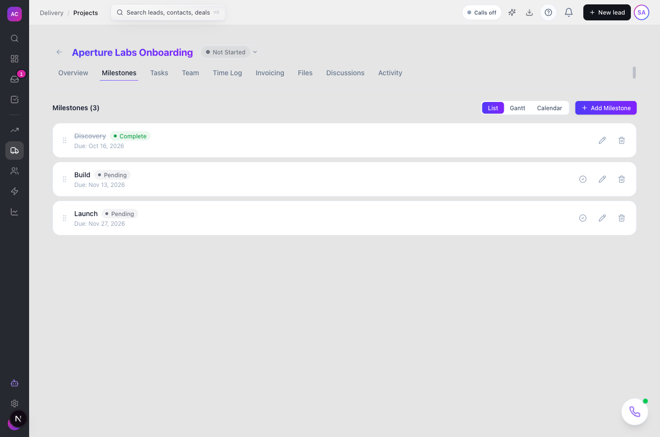 The Milestones tab of the Aperture Labs Onboarding project in List view with three milestones and their due dates, Discovery marked Complete
