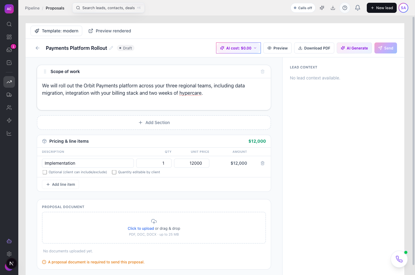 The proposal editor for Orbit Payments with sections, the pricing table and the proposal document upload