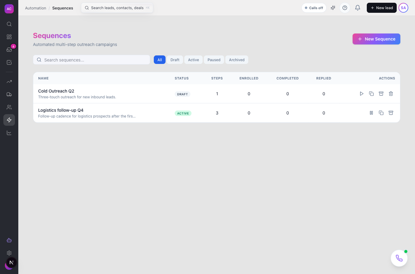 The Sequences list with name, status, steps, enrolled, completed and replied columns and the status filter