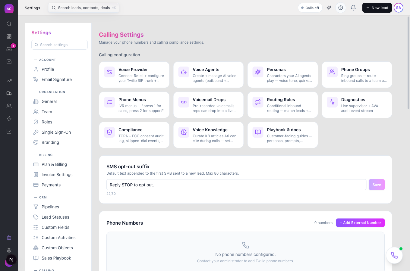 Calling settings with the setup cards and the Phone Numbers list