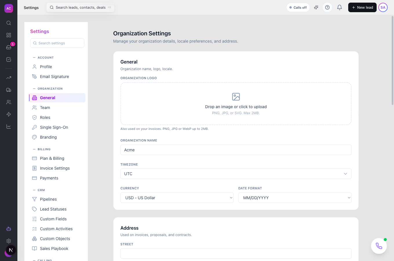 Organization settings with the logo, name, time zone and currency fields