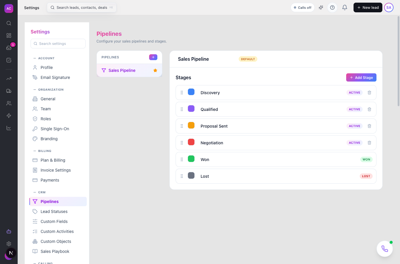 Pipeline settings with stages listed, colours and the Add Stage button
