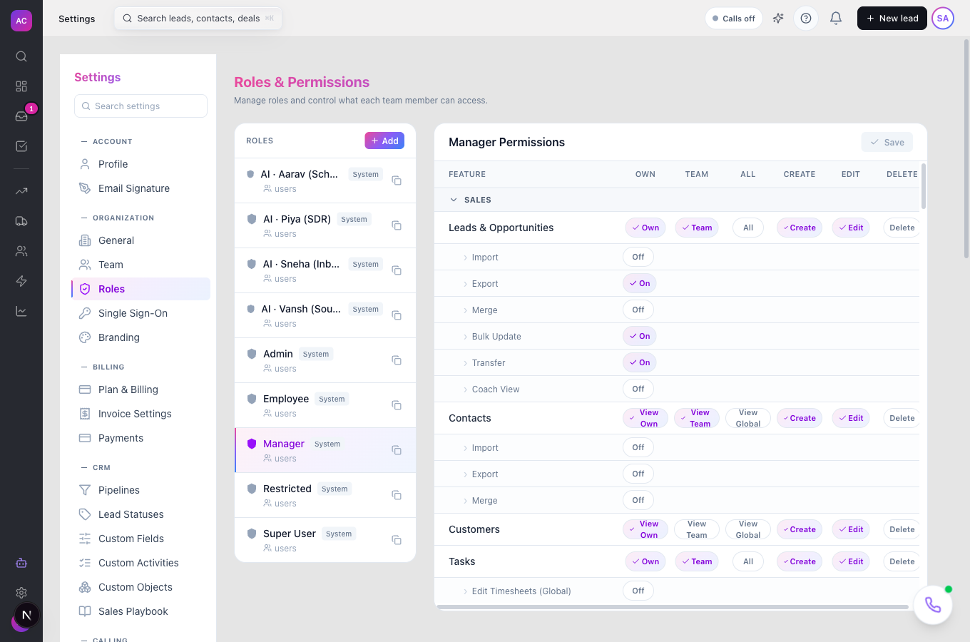 The Roles page with the Manager role selected and its permission matrix