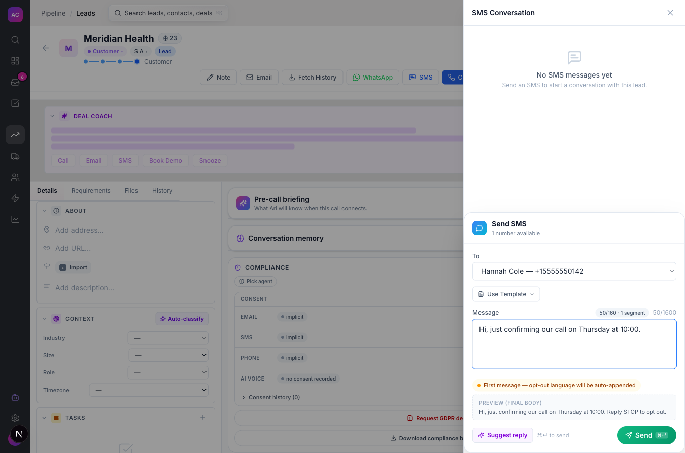 The SMS Conversation drawer on a lead with a short thread, the contact picker, Use Template and the first-message opt-out preview