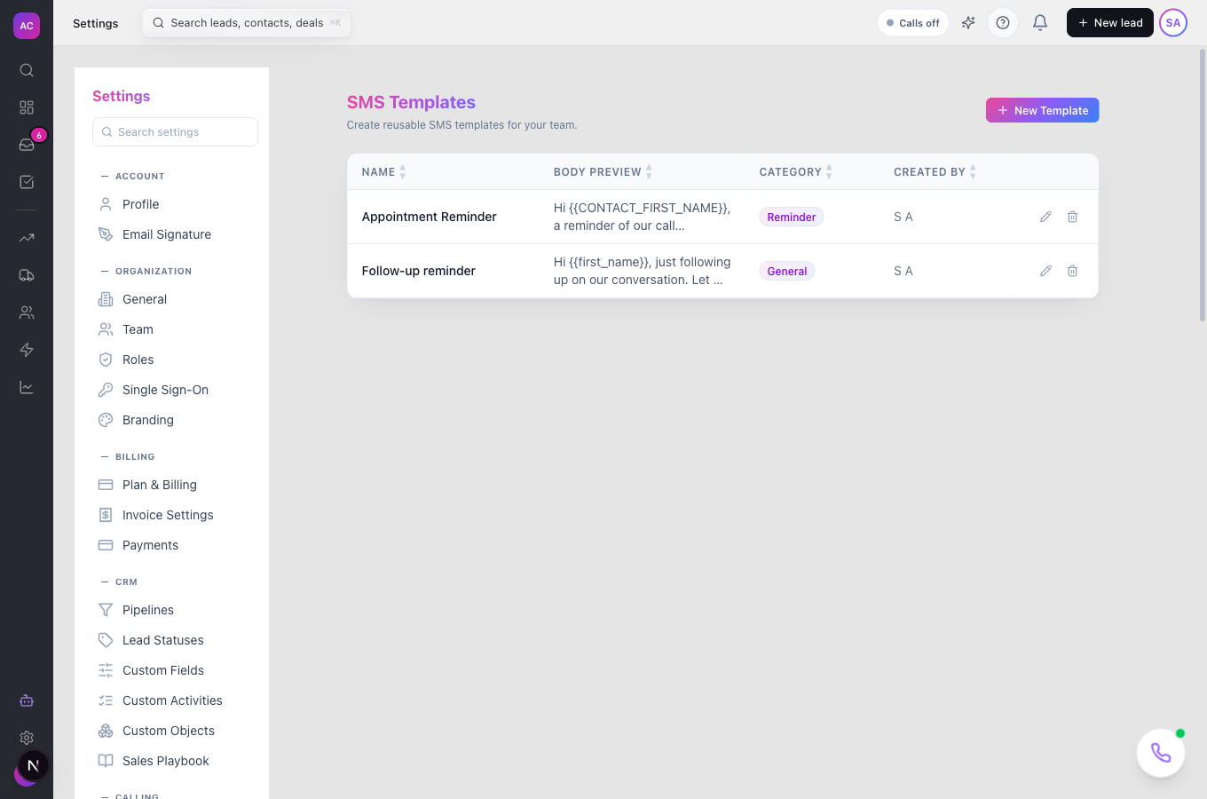 The SMS Templates settings page with templates listed by Name, Body Preview, Category and Created By