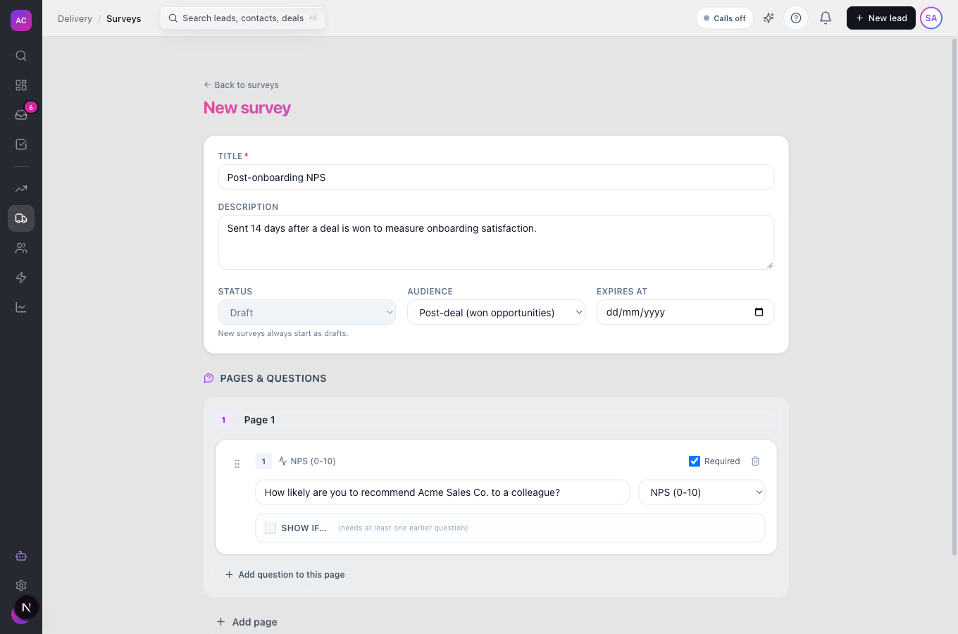 The survey builder with the audience set to Post-deal and an NPS question on page 1
