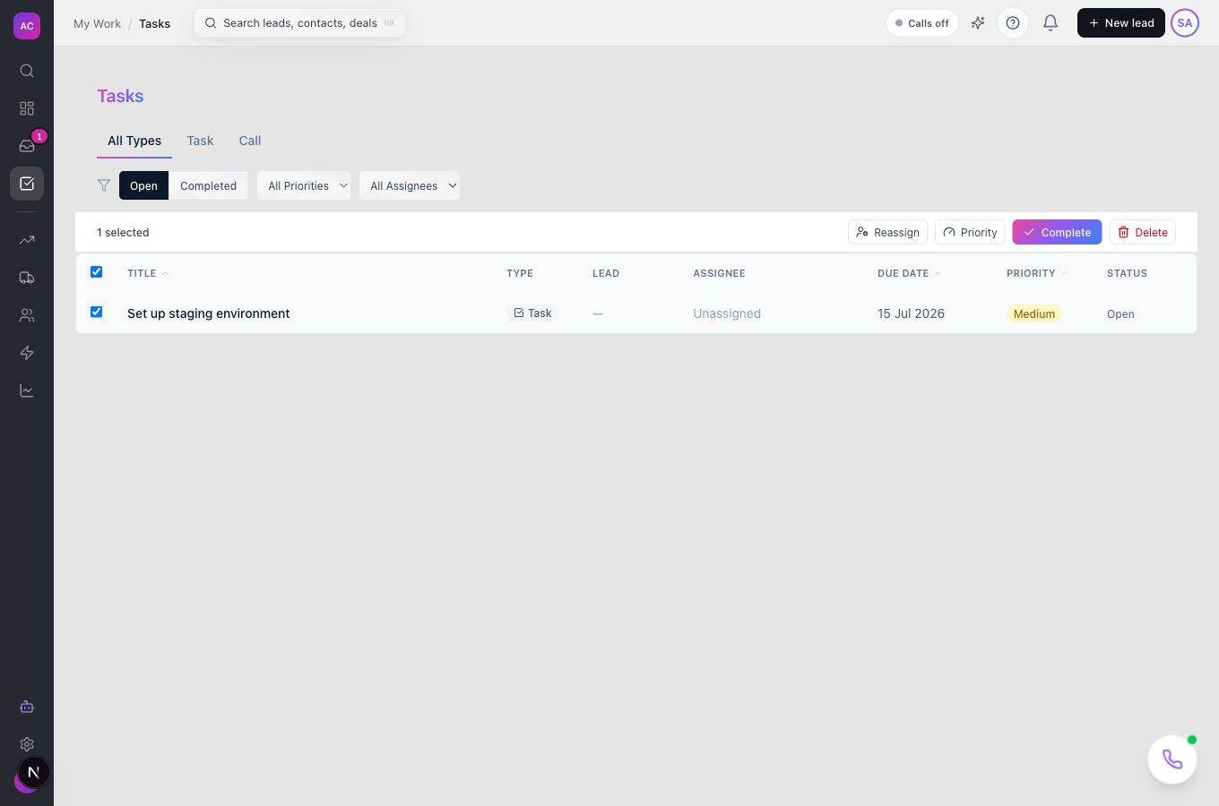 The Tasks page with a row selected and the Reassign, Priority, Complete and Delete bar showing