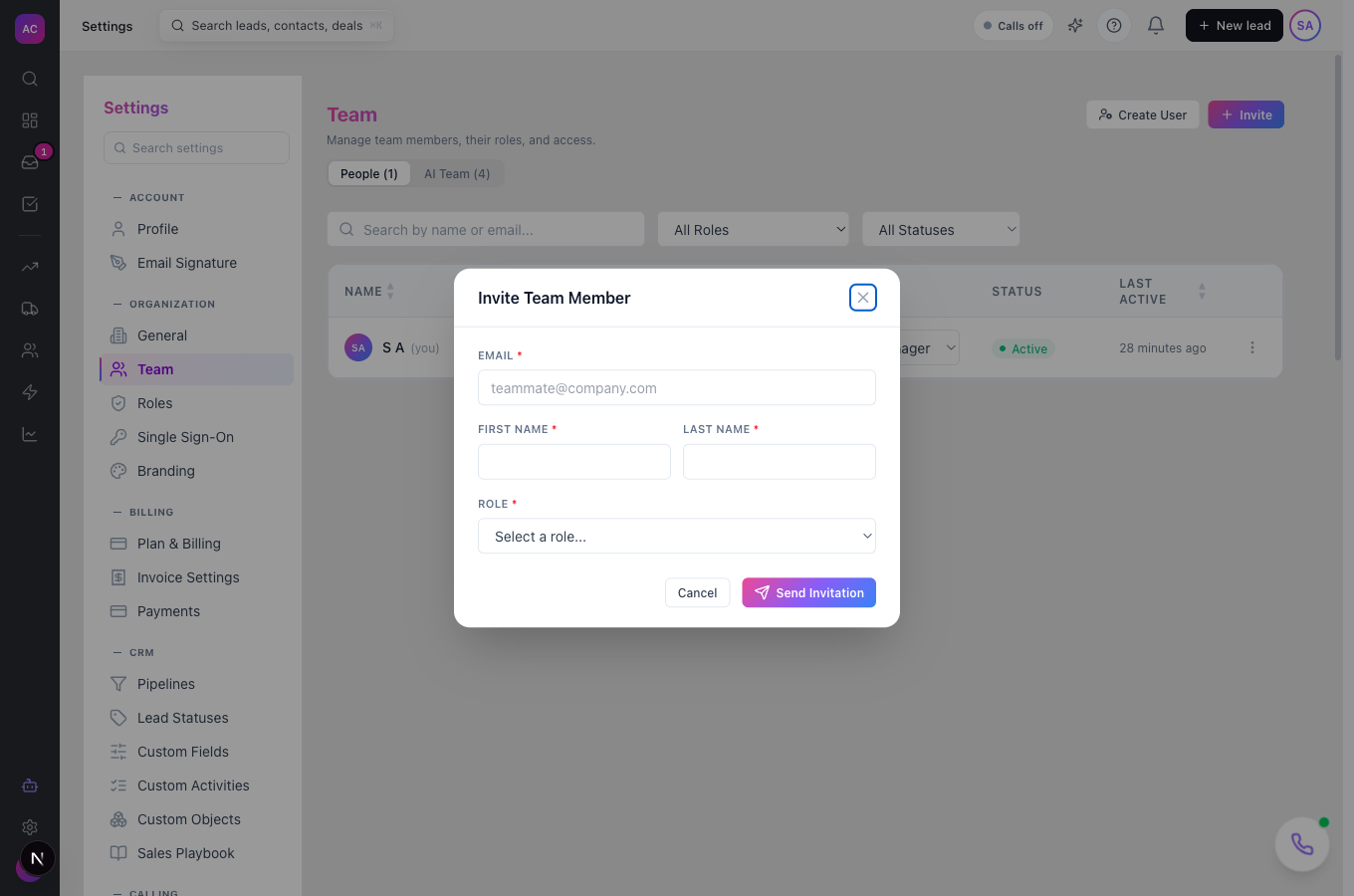 The Invite Team Member dialog with email, name and role fields