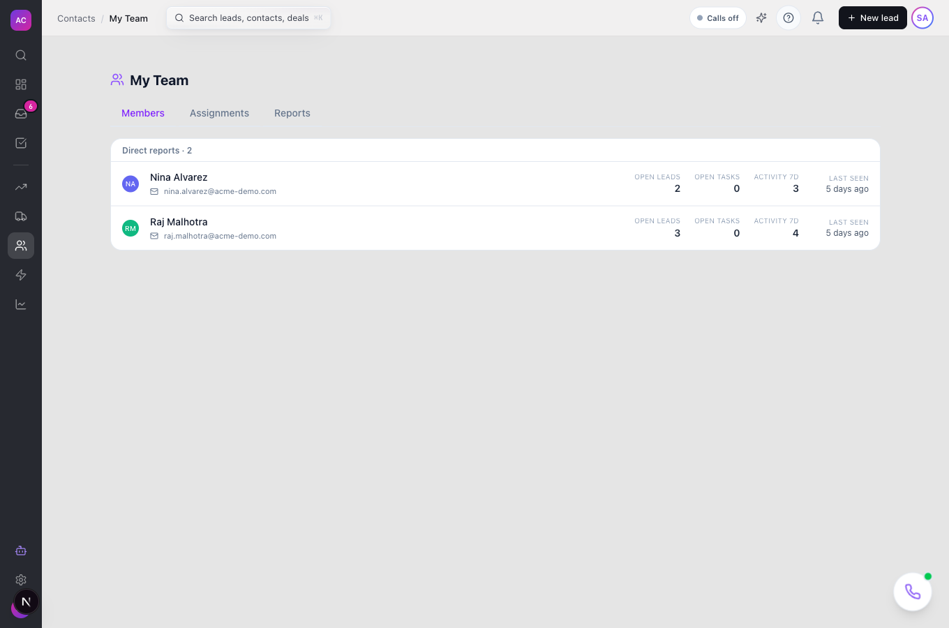 The My Team page on the Members tab with two direct reports and their open leads, open tasks, activity and last seen
