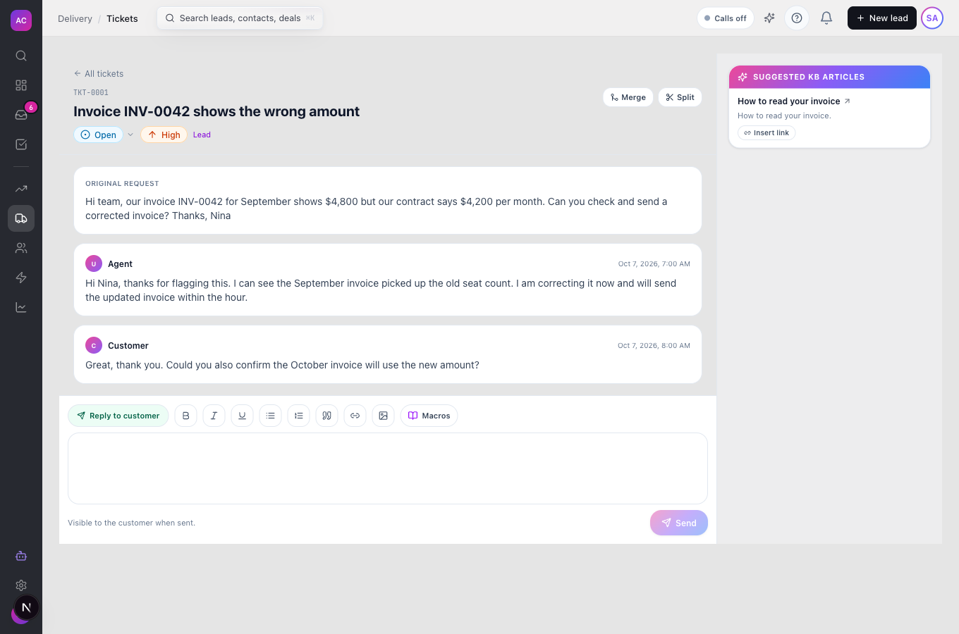 The ticket page for TKT-0001 with the Open status badge and dropdown arrow, the High priority badge, the Original request block, an Agent reply and a Customer reply, the composer with the Reply to customer pill, and the Suggested KB articles panel on the right