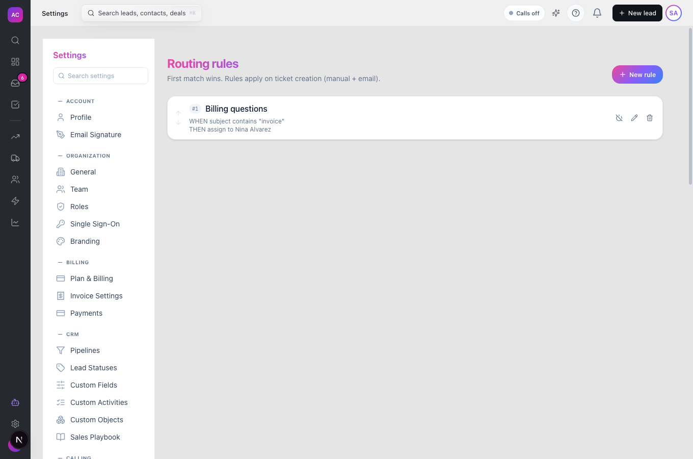 The Ticket Routing settings page with one rule showing its WHEN and THEN summary