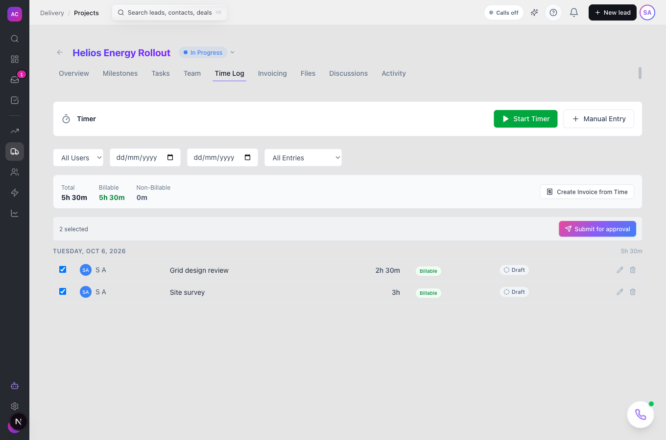 The Time Log tab of the Helios Energy Rollout project with draft entries ticked and the Submit for approval button