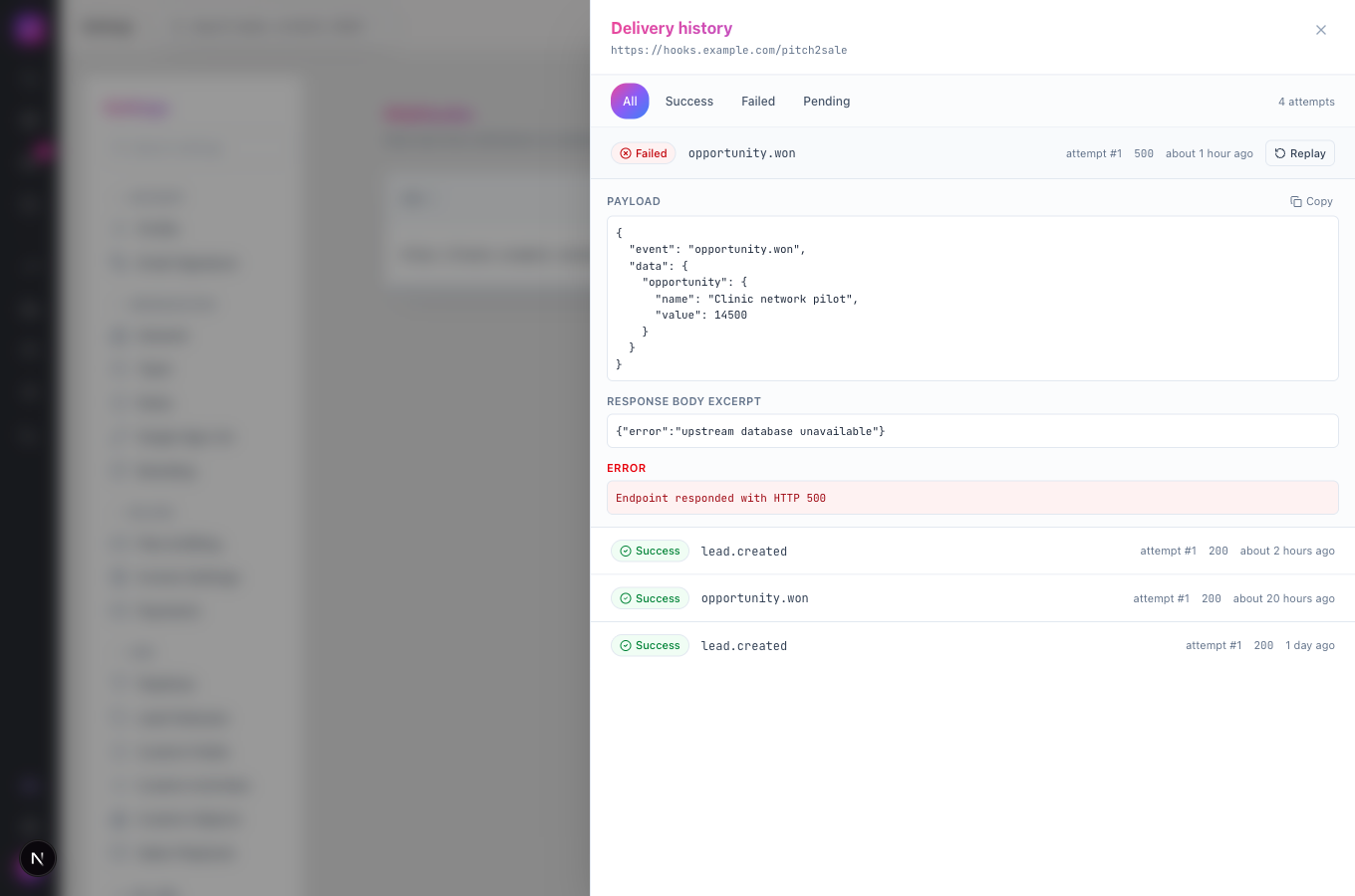 The Delivery history drawer for an outbound webhook with a failed attempt expanded to show the payload and the Replay button