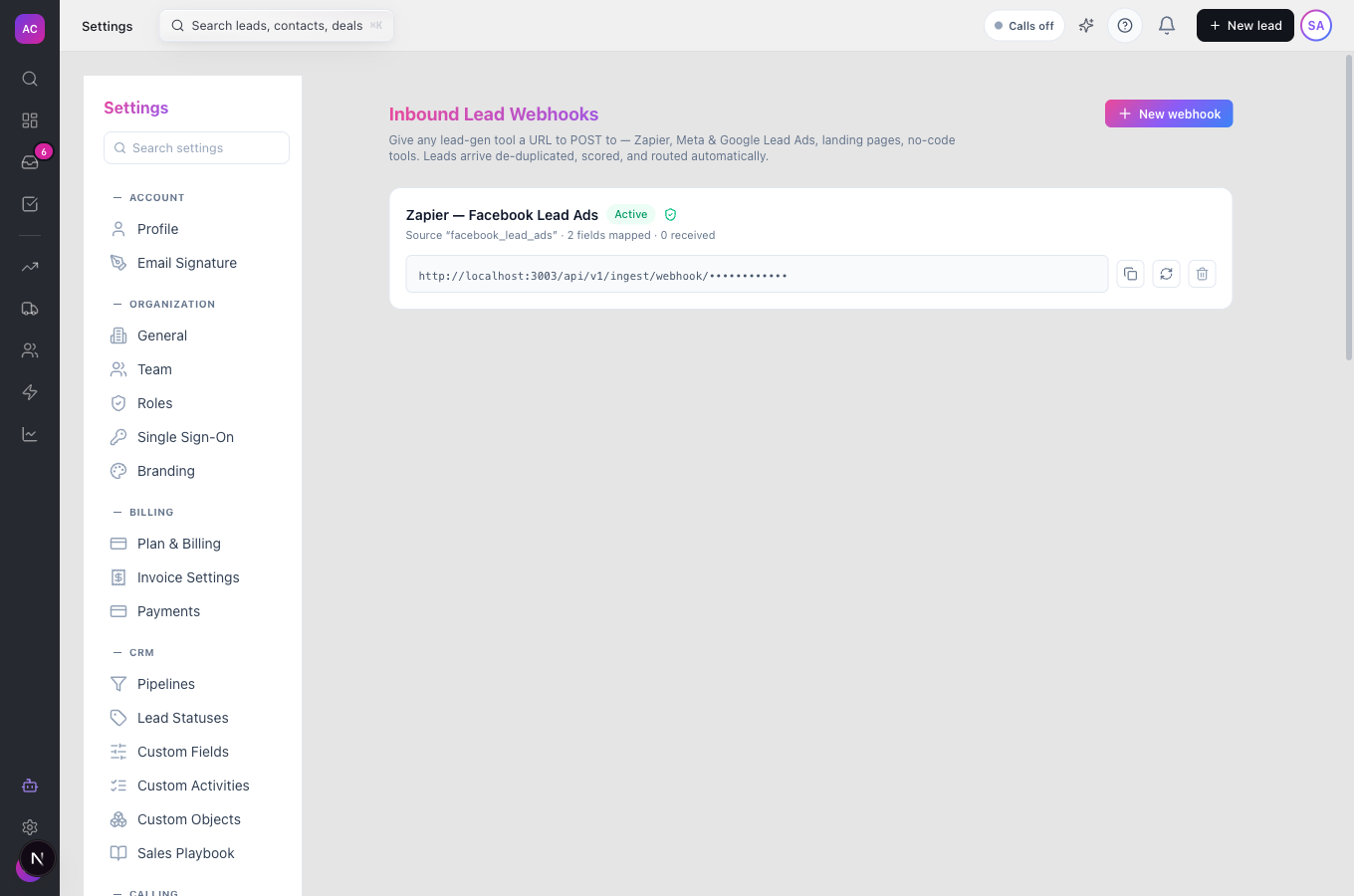 The Inbound Lead Webhooks page with one active endpoint showing its source, mapped fields, received count and receive URL