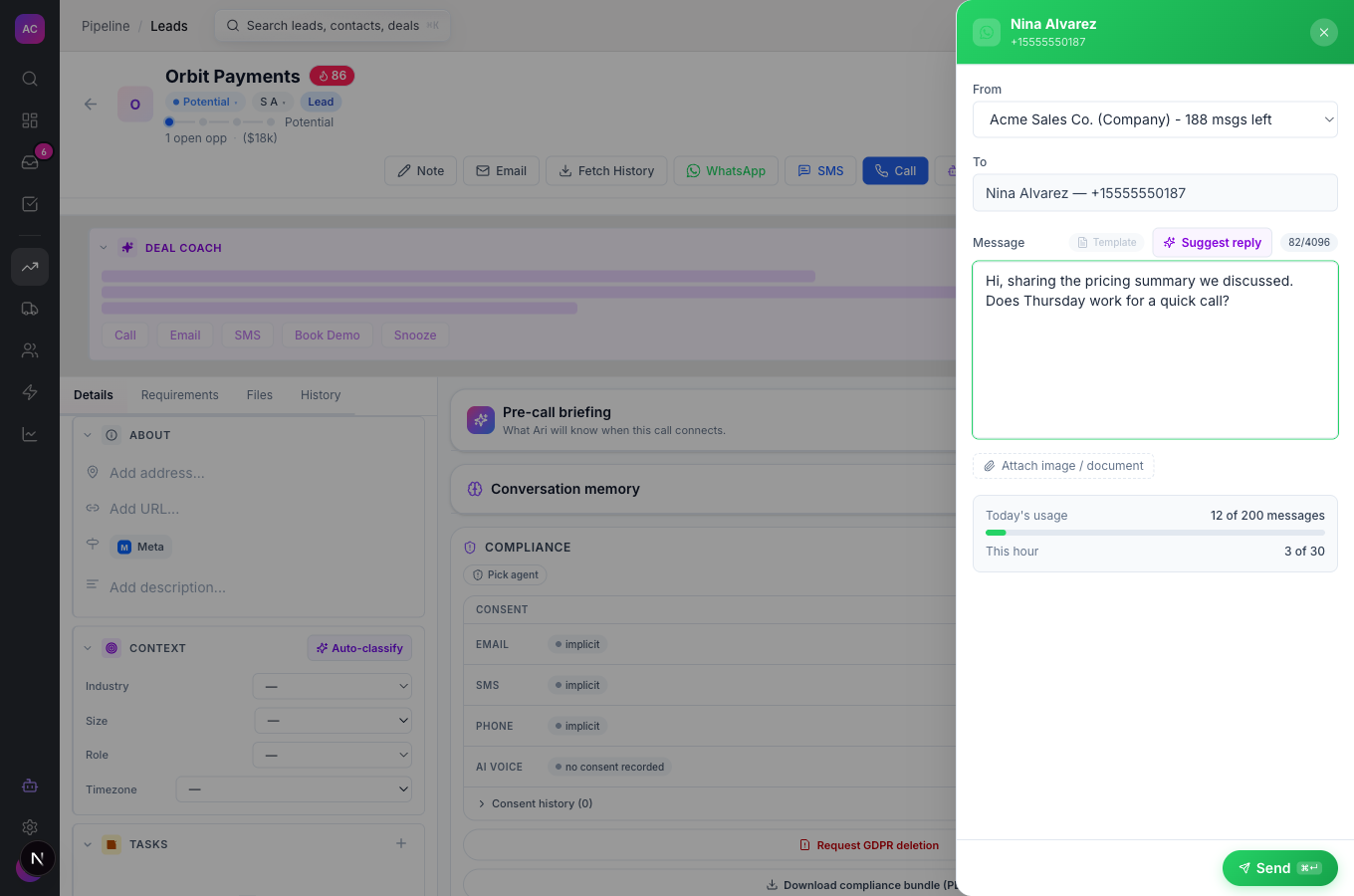 The WhatsApp composer on a lead with the From account picker, the message box, the usage bars and the Send button