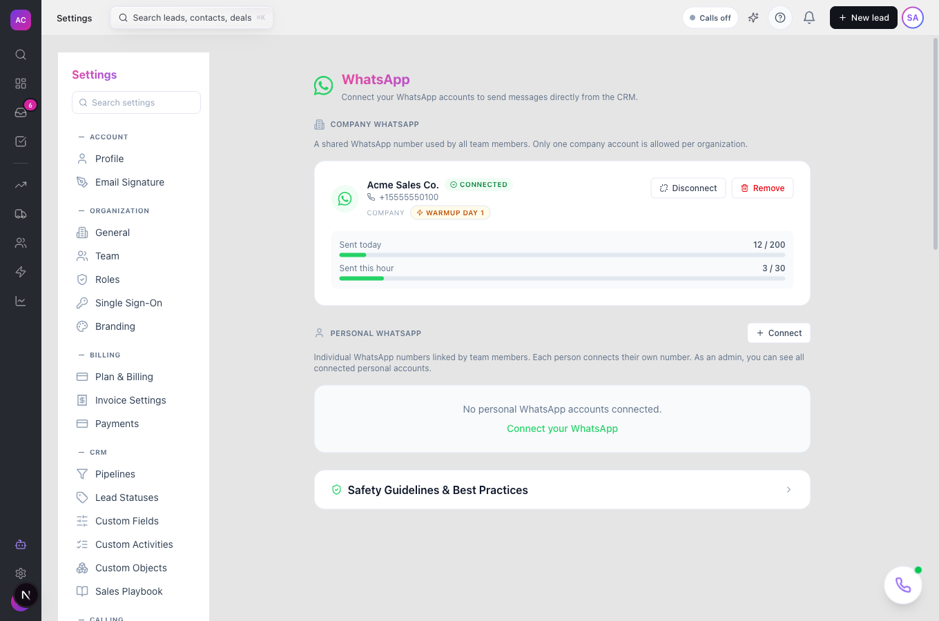 The WhatsApp settings page with a connected company account showing Sent today and Sent this hour bars, and the Personal WhatsApp section